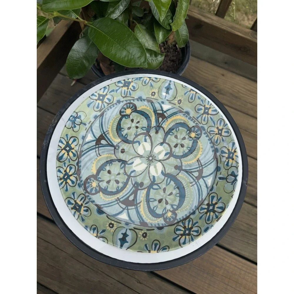 Pottery Barn AMALFI Green Blue Brown Floral Set of 2 Luncheon Salad Plates